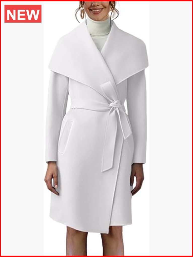 Women's Pea Trench Coat Lapel Collar Long Jacket Open Front Belted Overcoat